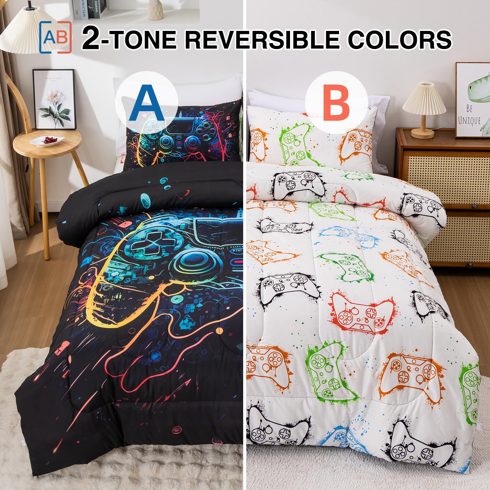 A Nice Night twin comforter back shows game controller motif for cohesive look.
