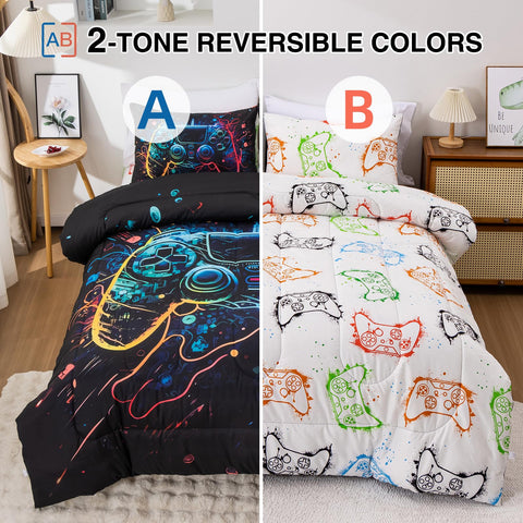 A Nice Night twin comforter back shows game controller motif for cohesive look.