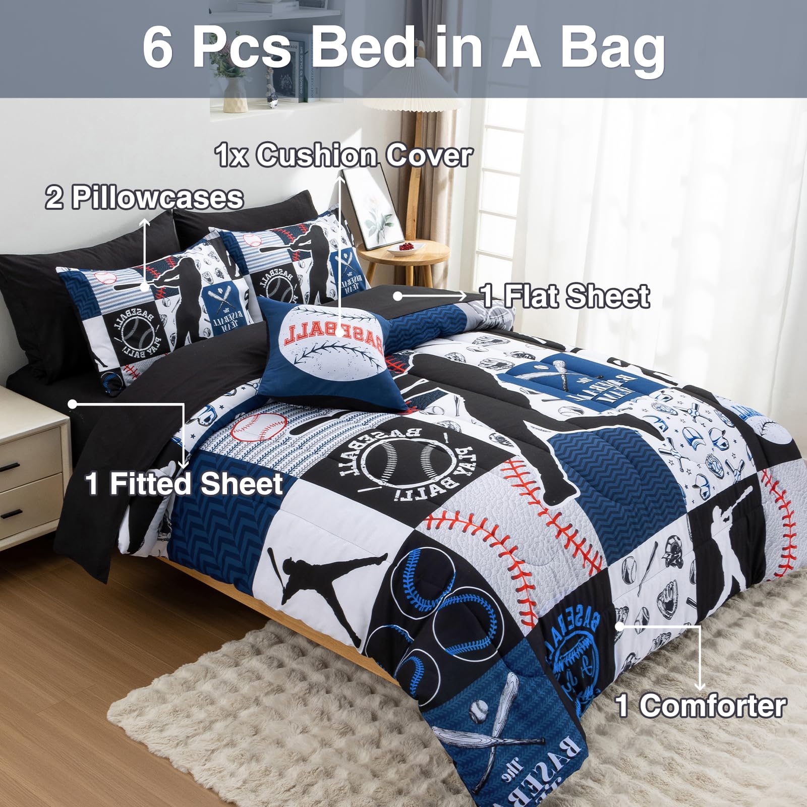 A Nice Night blue cushion cover with patchwork accents for cozy decor.
