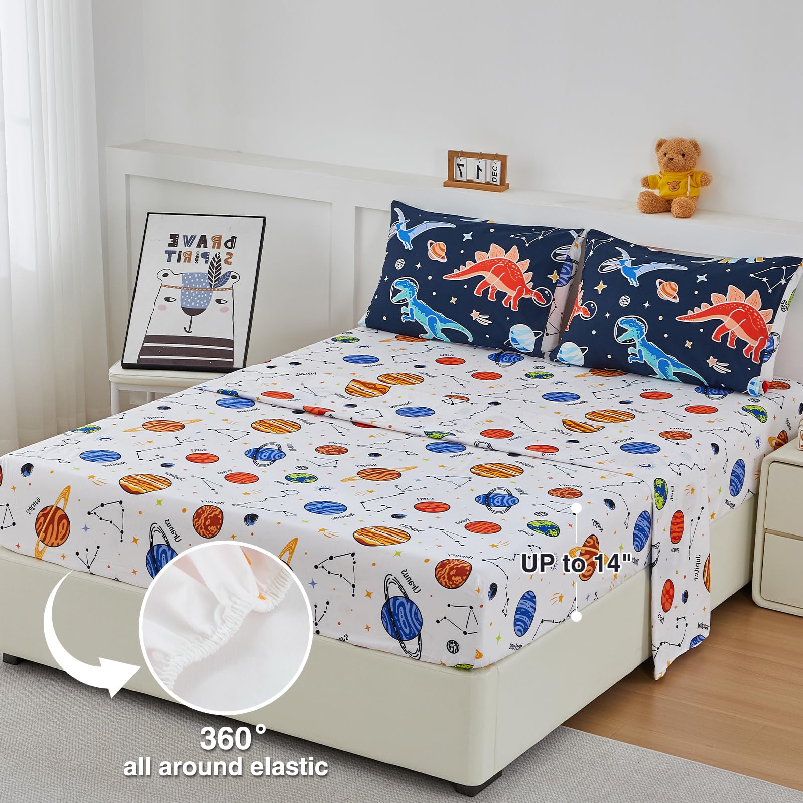 A Nice Night dinosaur galaxy print fitted sheet shown in twin size
