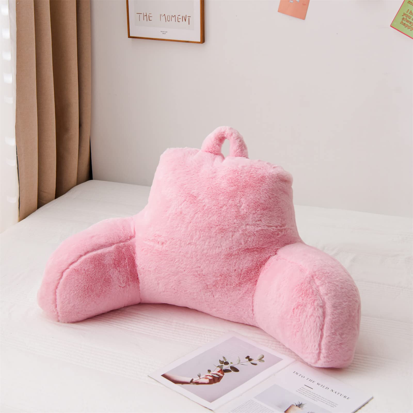 A Nice Night faux fur reading pillow backrest on bed provides plush support