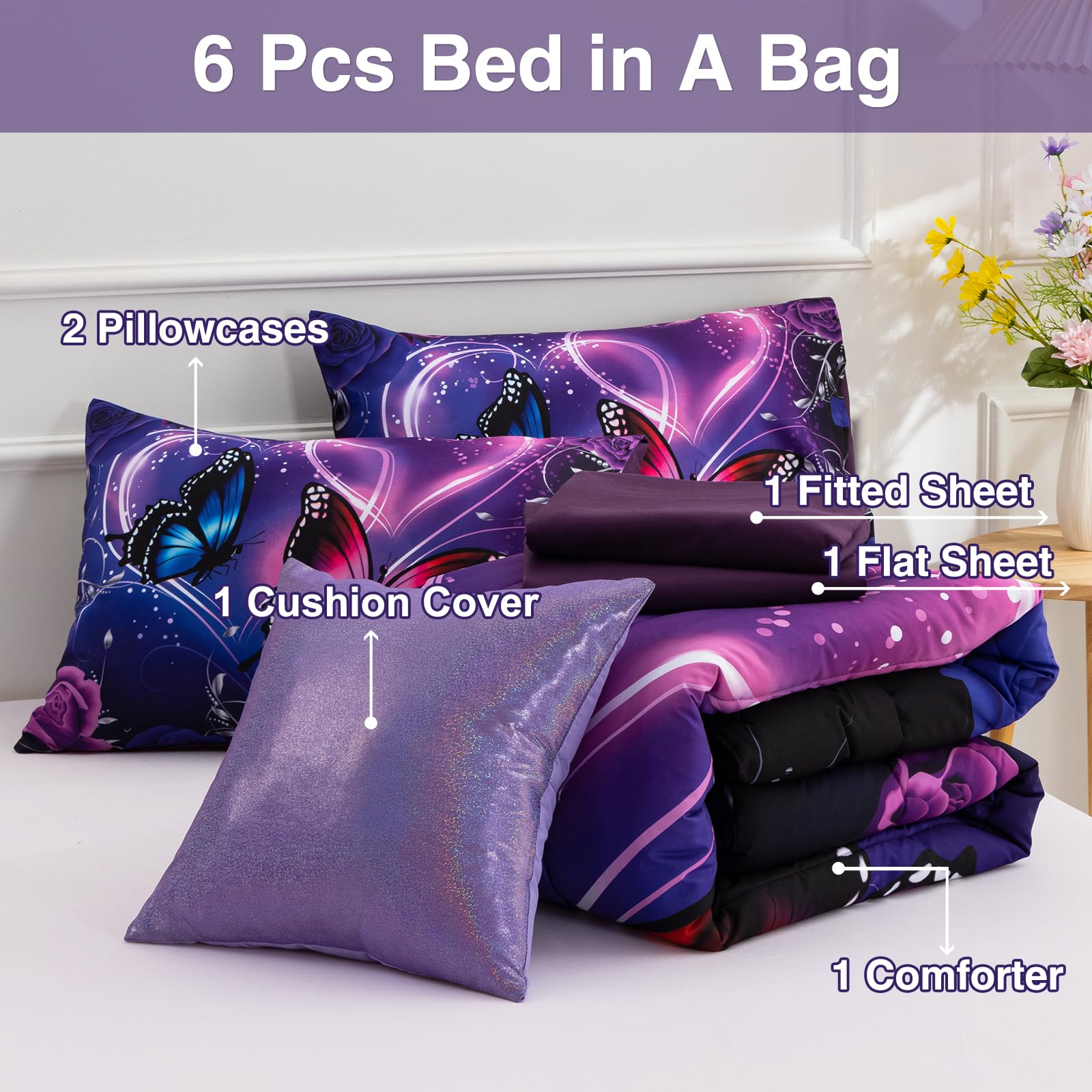 A Nice Night Full-size bedding on bed showing coordinated sheets and pillowcases