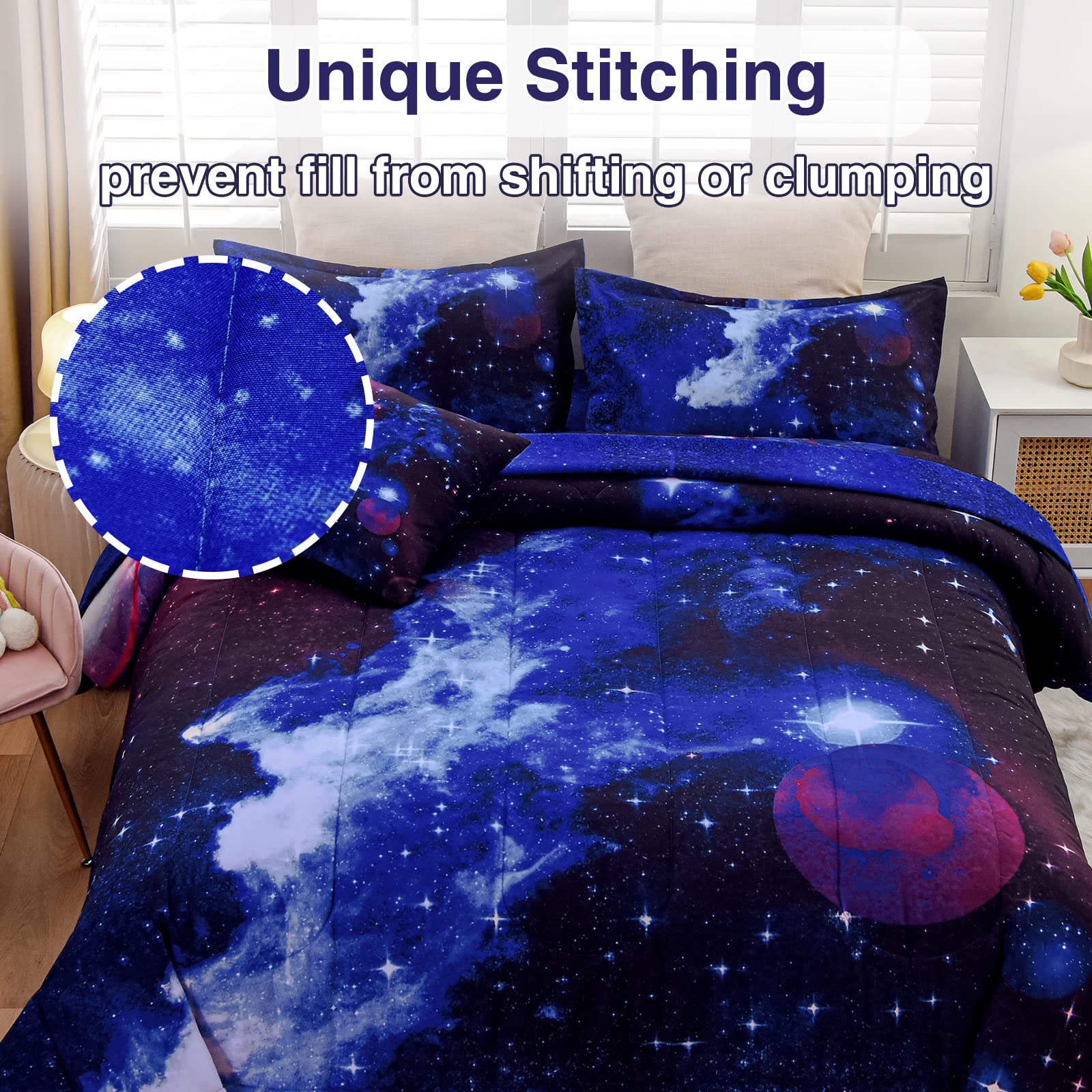 A Nice Night Galaxy flat sheet adds soft, all-season comfort to the bed.