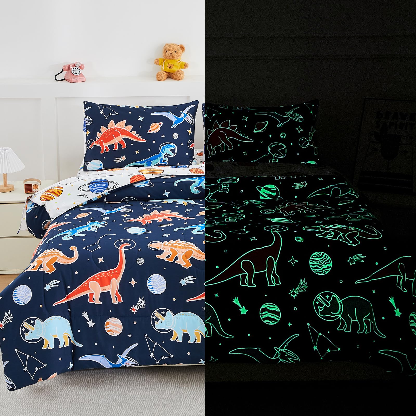A Nice Night glow dino comforter with galaxy print for nighttime fun