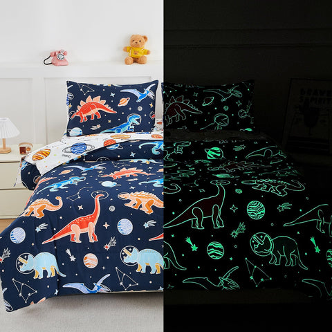 A Nice Night glow dino comforter with galaxy print for nighttime fun