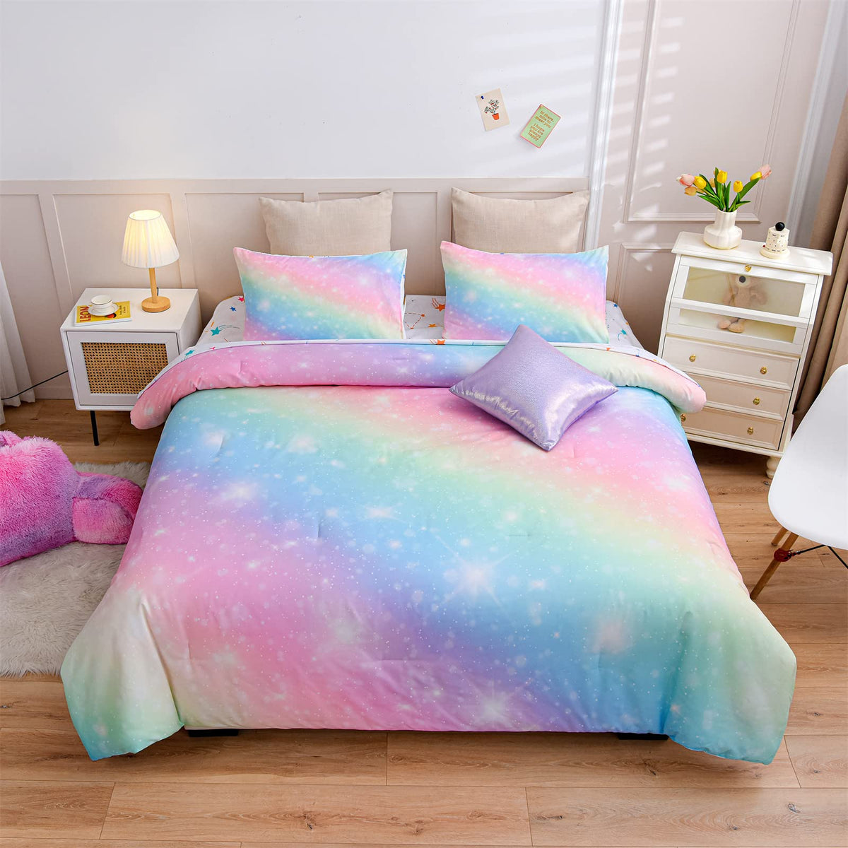 A Nice Night gradient glitter bedding set twin pink, perfect for girls' rooms seeking a playful, space-inspired vibe.