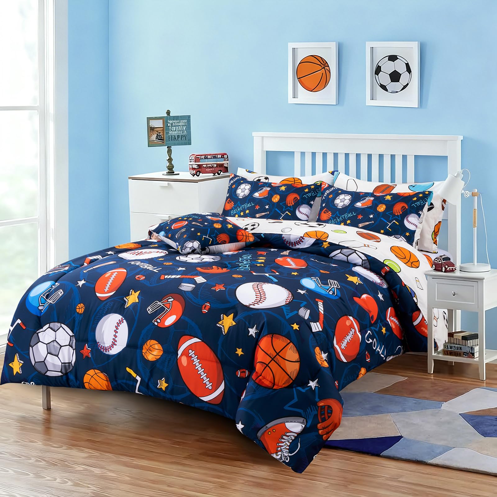 Close-up of navy rugby ball print on A Nice Night comforter shows vivid colors.
