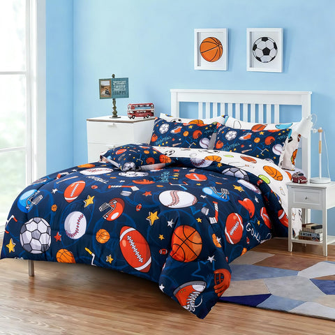 Close-up of navy rugby ball print on A Nice Night comforter shows vivid colors.