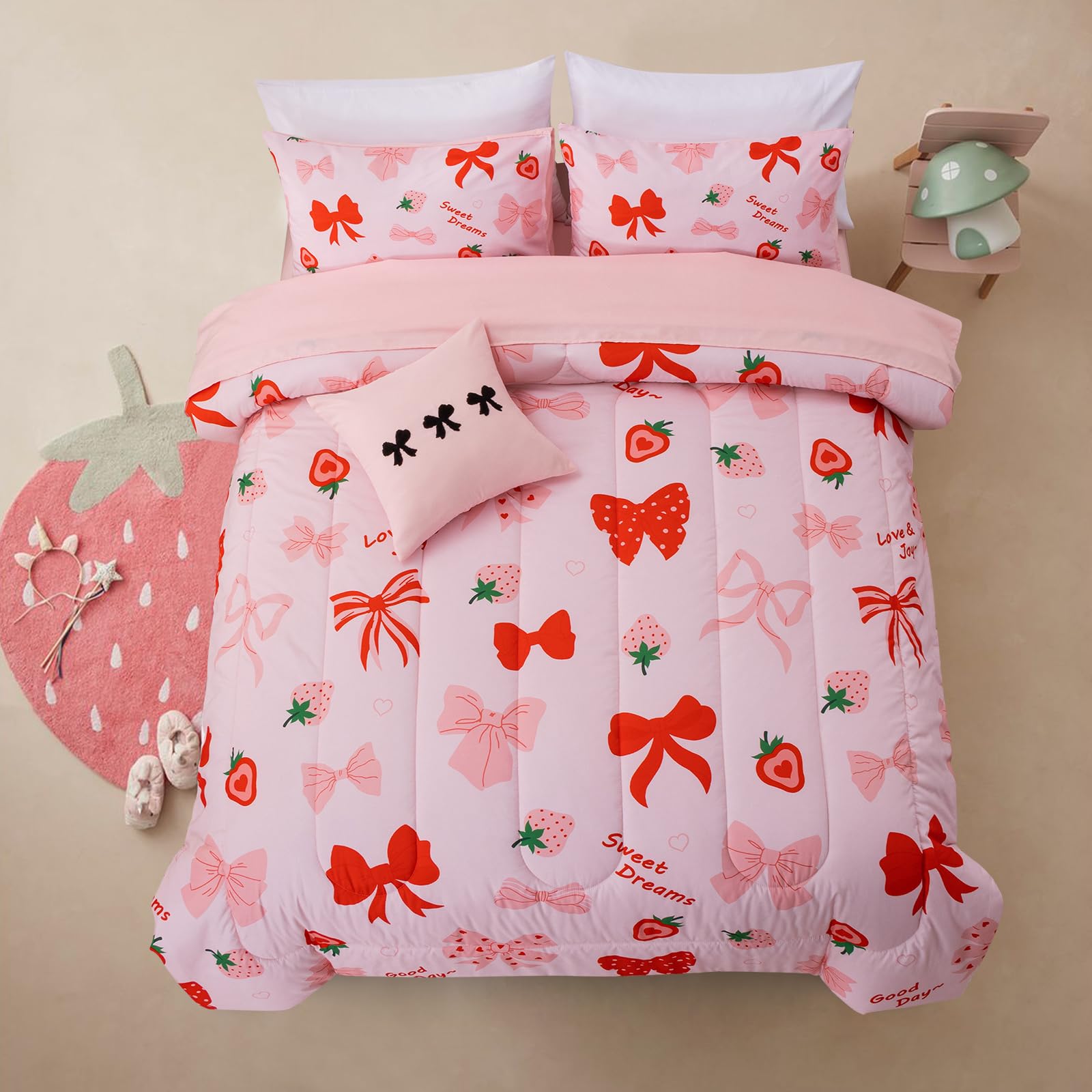 A Nice Night red bow comforter set with a dreamy bow design for a cute girls' bedroom.