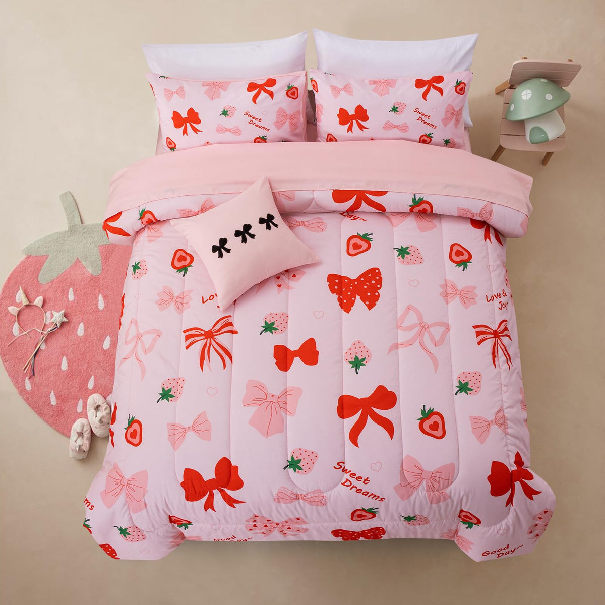 A Nice Night red bow comforter set with a dreamy bow design for a cute girls' bedroom.
