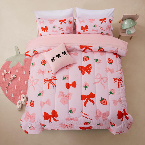 A Nice Night red bow comforter set with a dreamy bow design for a cute girls' bedroom.