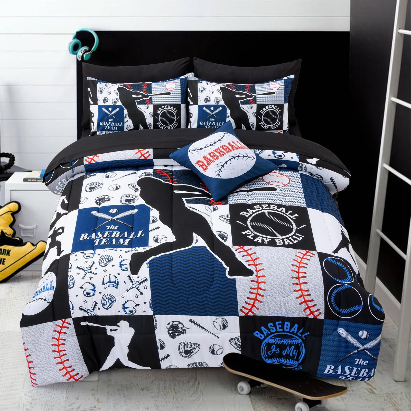 A Nice Night twin comforter set with sports grid pattern on blue, soft and durable.