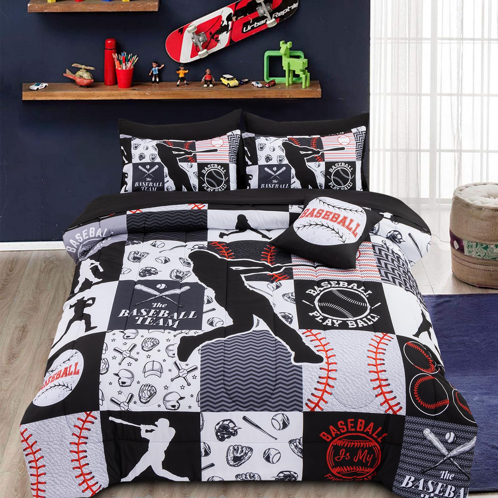 A Nice Night baseball-printed twin bedding on black geometric grid patchwork, ideal for kid-friendly bedroom decor.