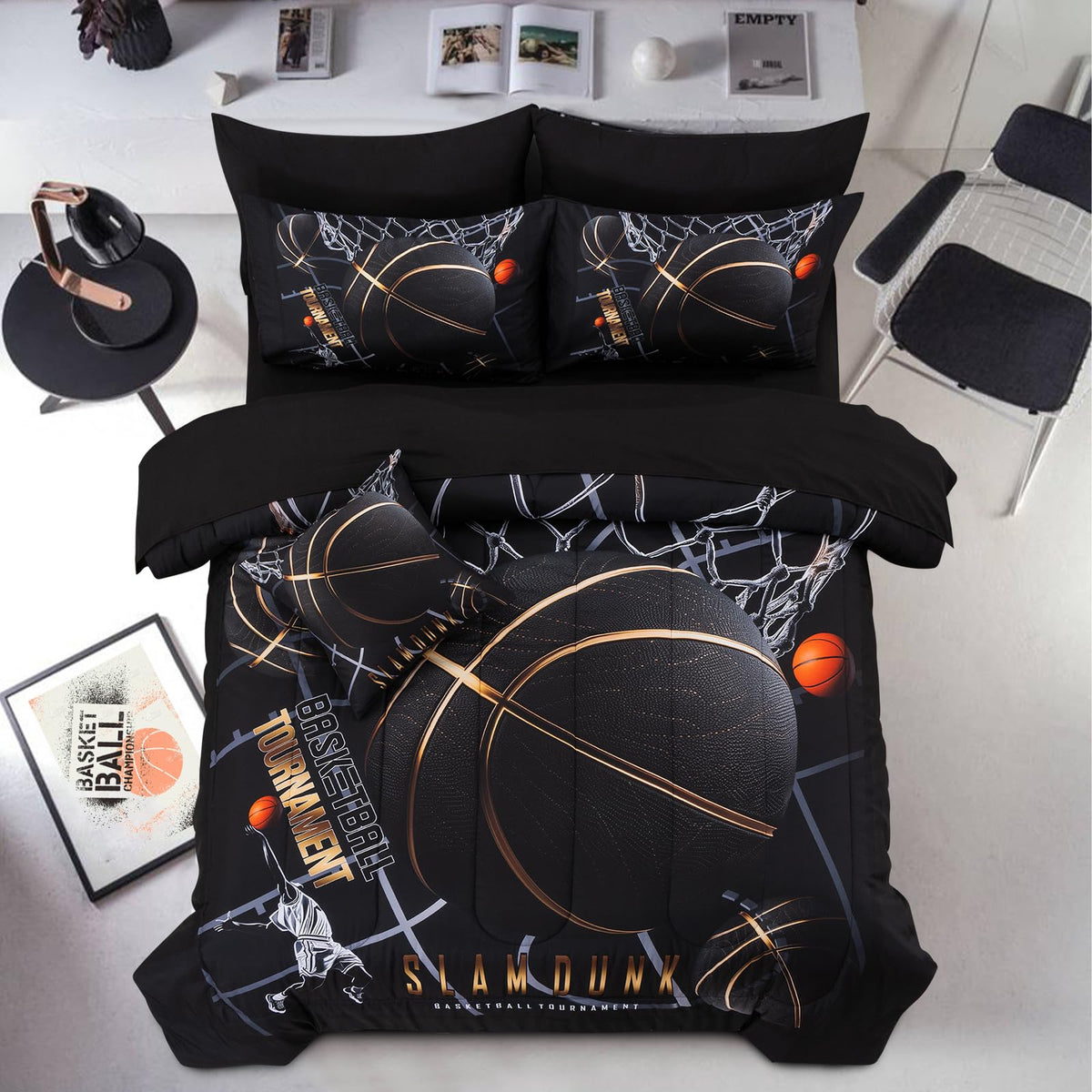 A Nice Night slam dunk comforter features basketball print for teen bedrooms.