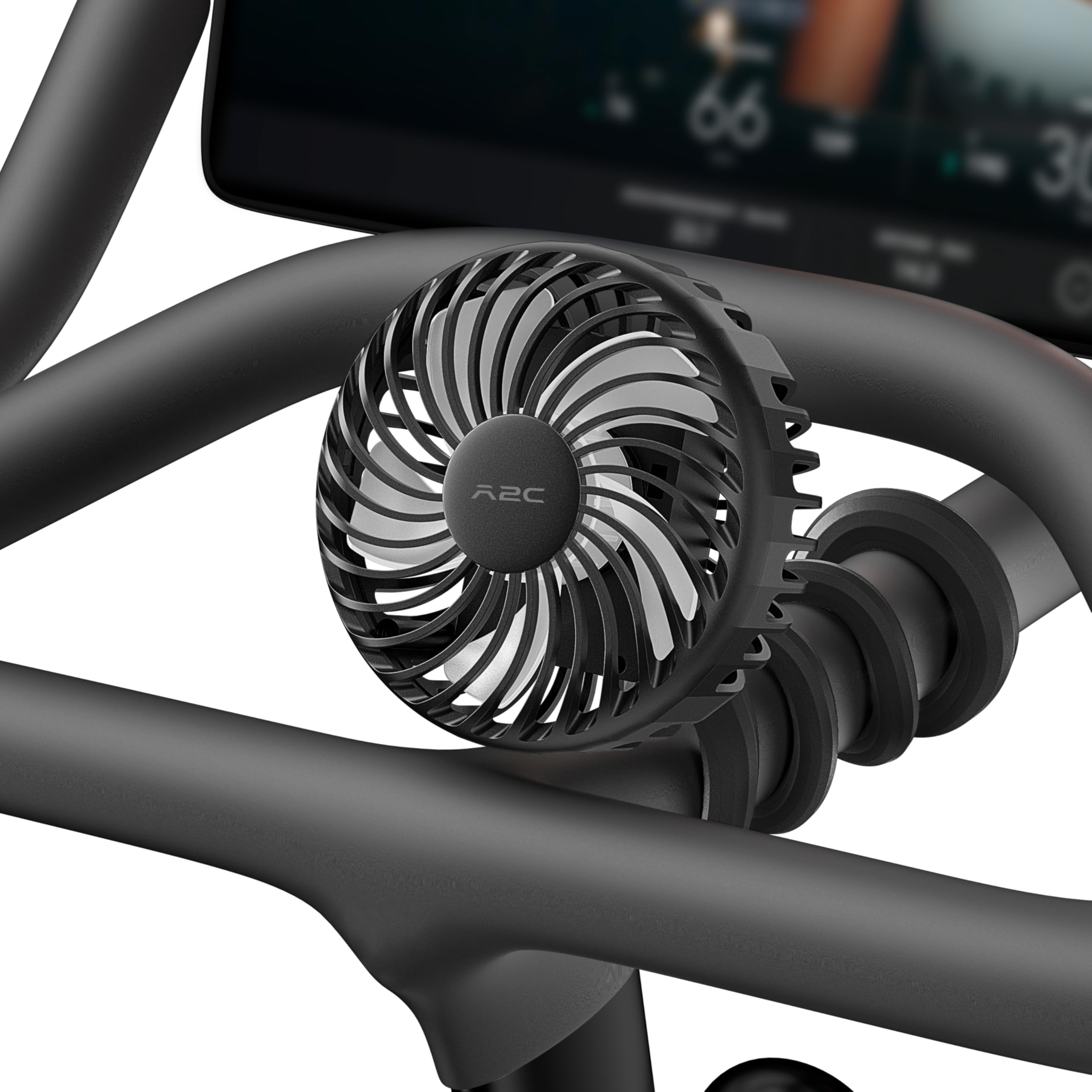 A2C 47-inch fan attached to handlebars delivers focused cooling during workouts