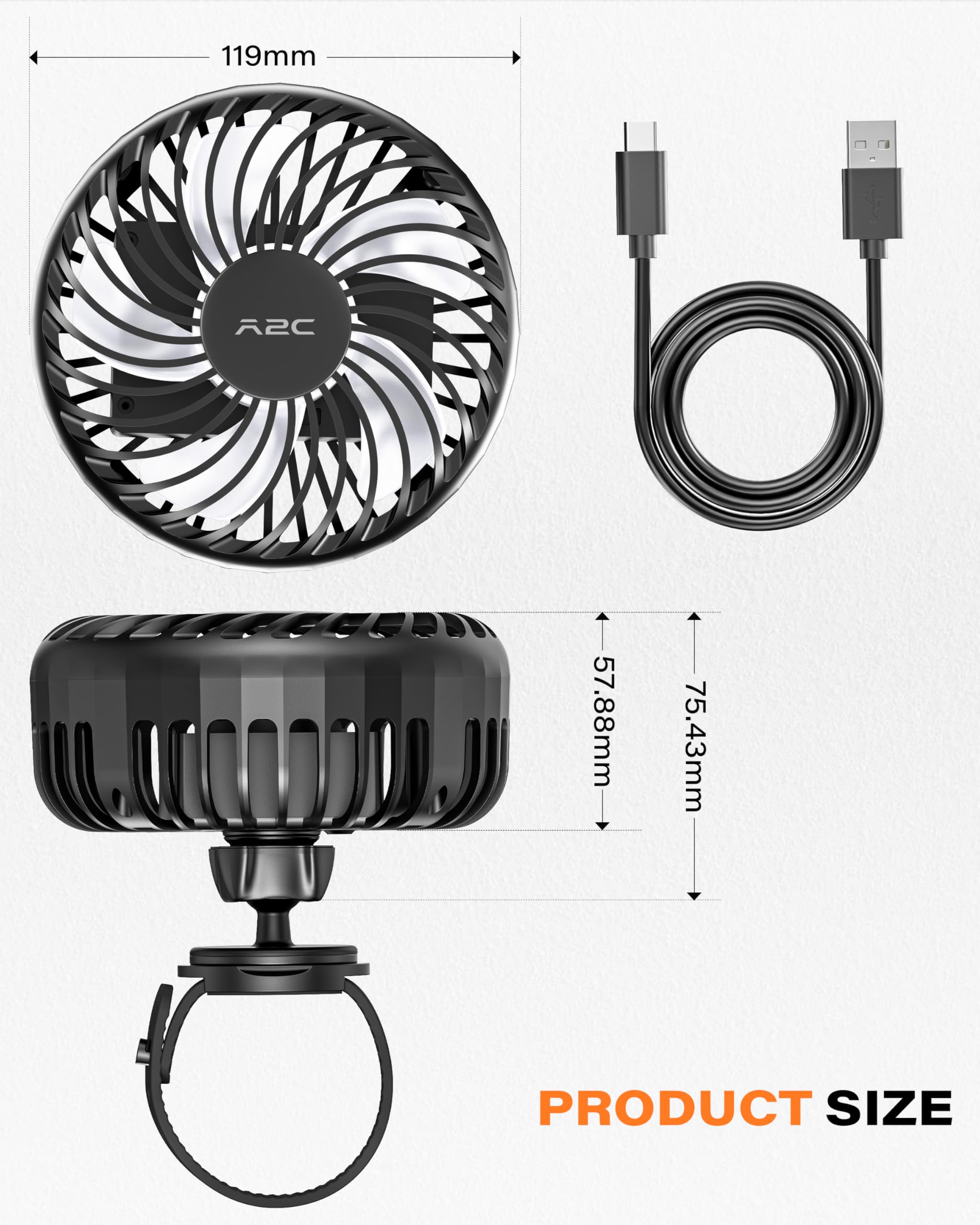 A2C Rechargeable Gym Fan brushless motor delivers quiet airflow.