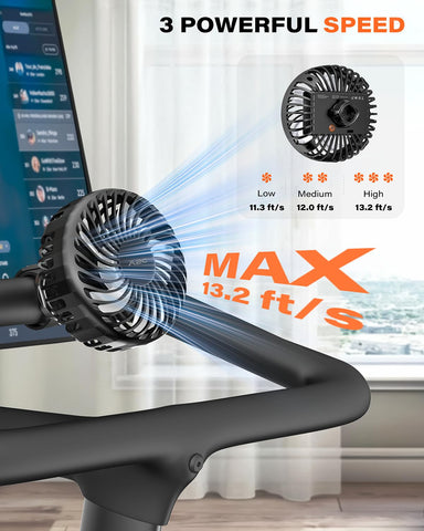 A2C Rechargeable Gym Fan strapped to handlebars for adjustable cooling.