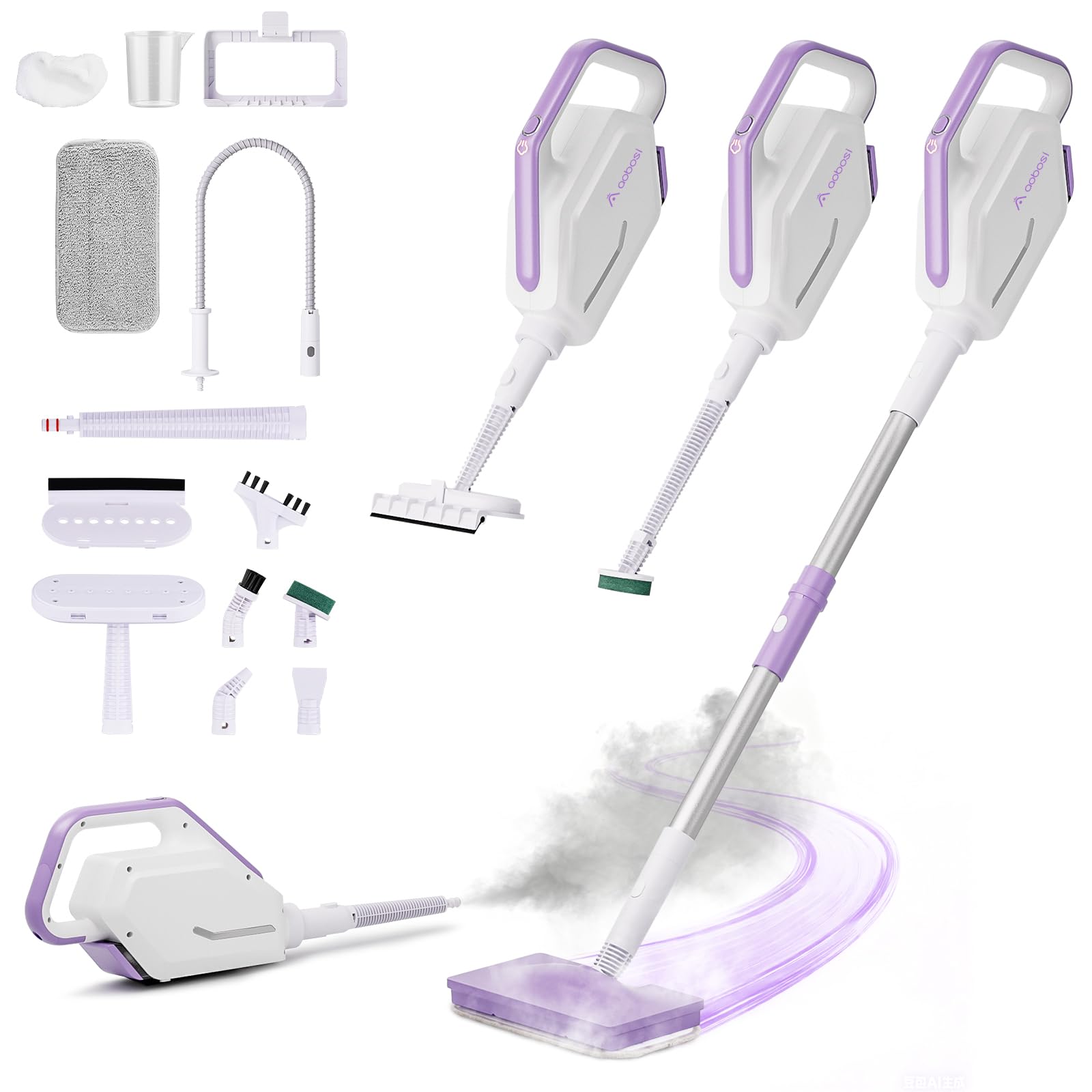 AAOBOSI steam mop main unit showing powerful, chemical-free cleaning on floors