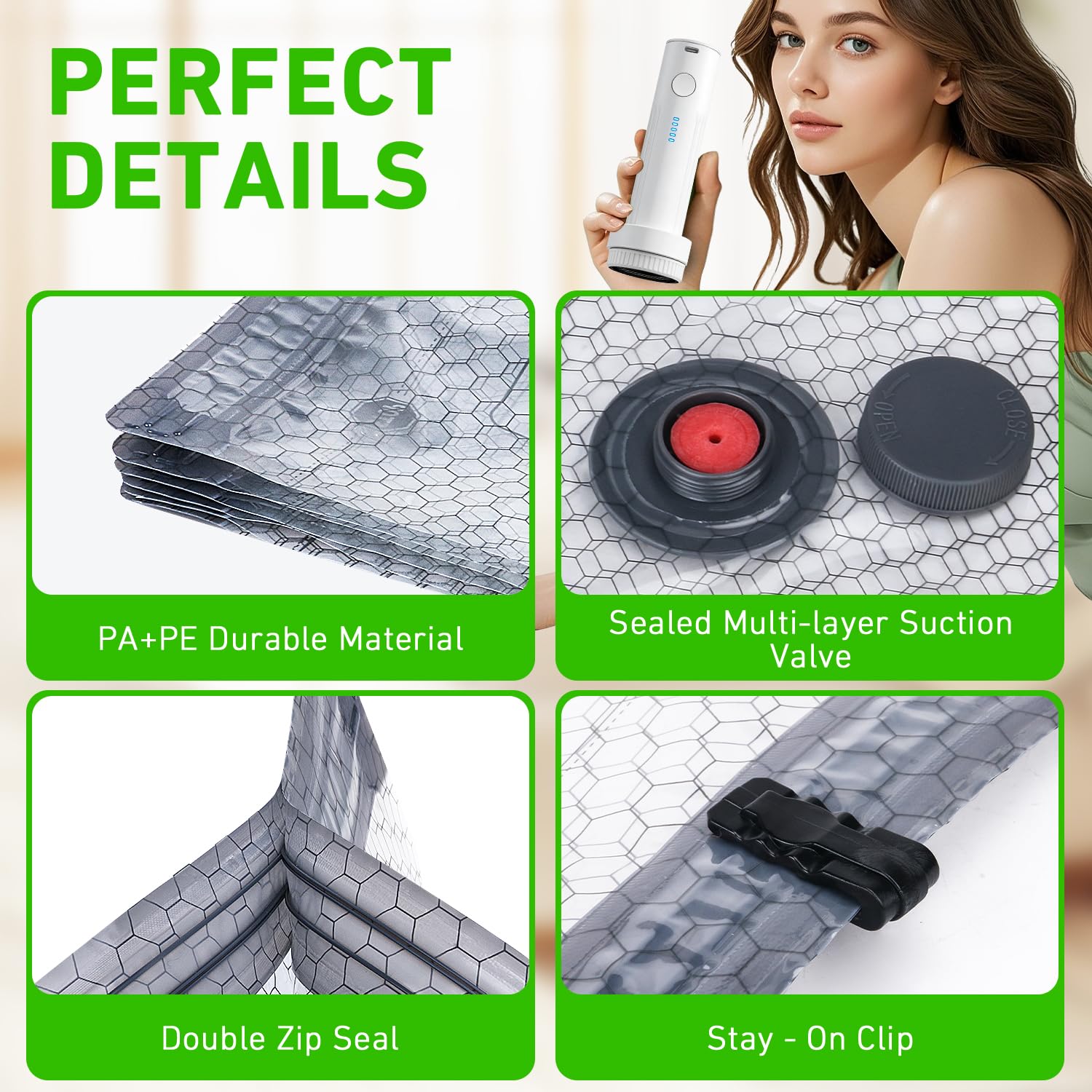 Double-zip seal and one-way valve ensure long-lasting air lock.