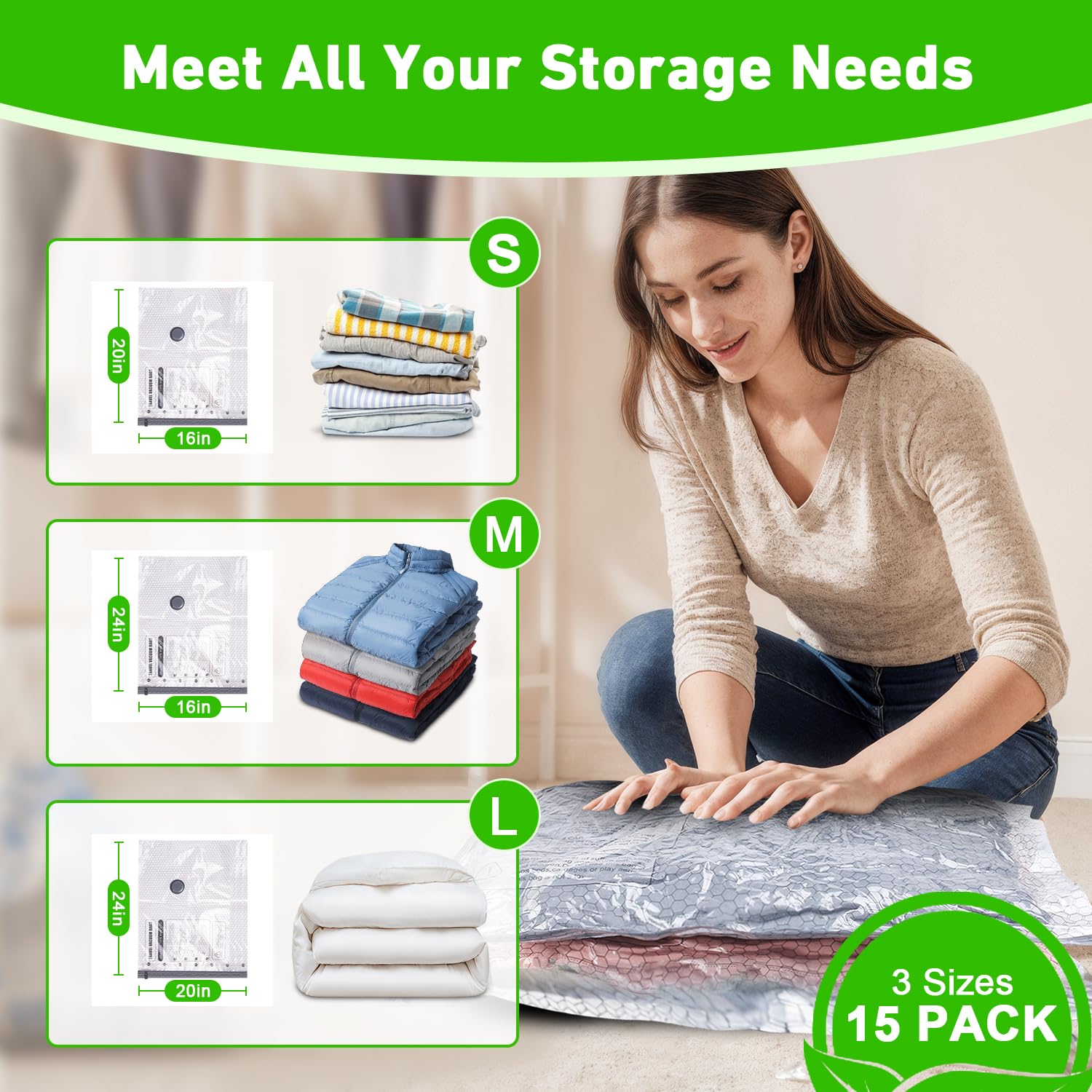 Thickened PA+PE material provides durable, tear-resistant storage.