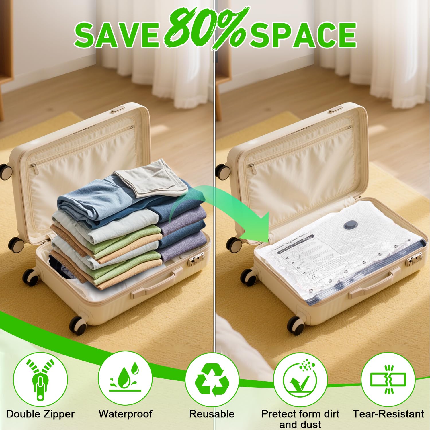 Aaronbird bags packed in luggage showing up to 80% space savings.