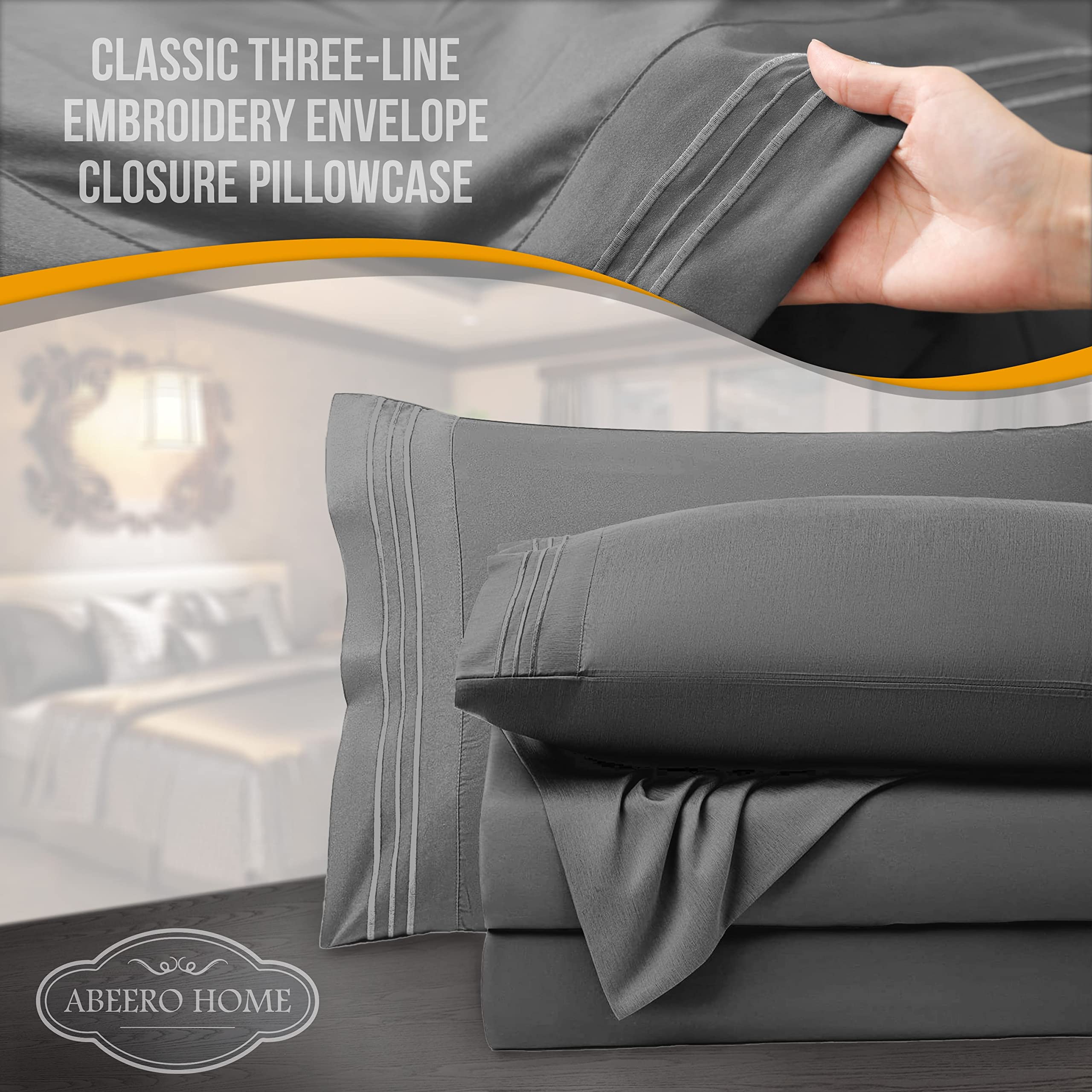Abeero Home Queen Sheet Set gray bedding on bed demonstrates easy care and wrinkle resistance