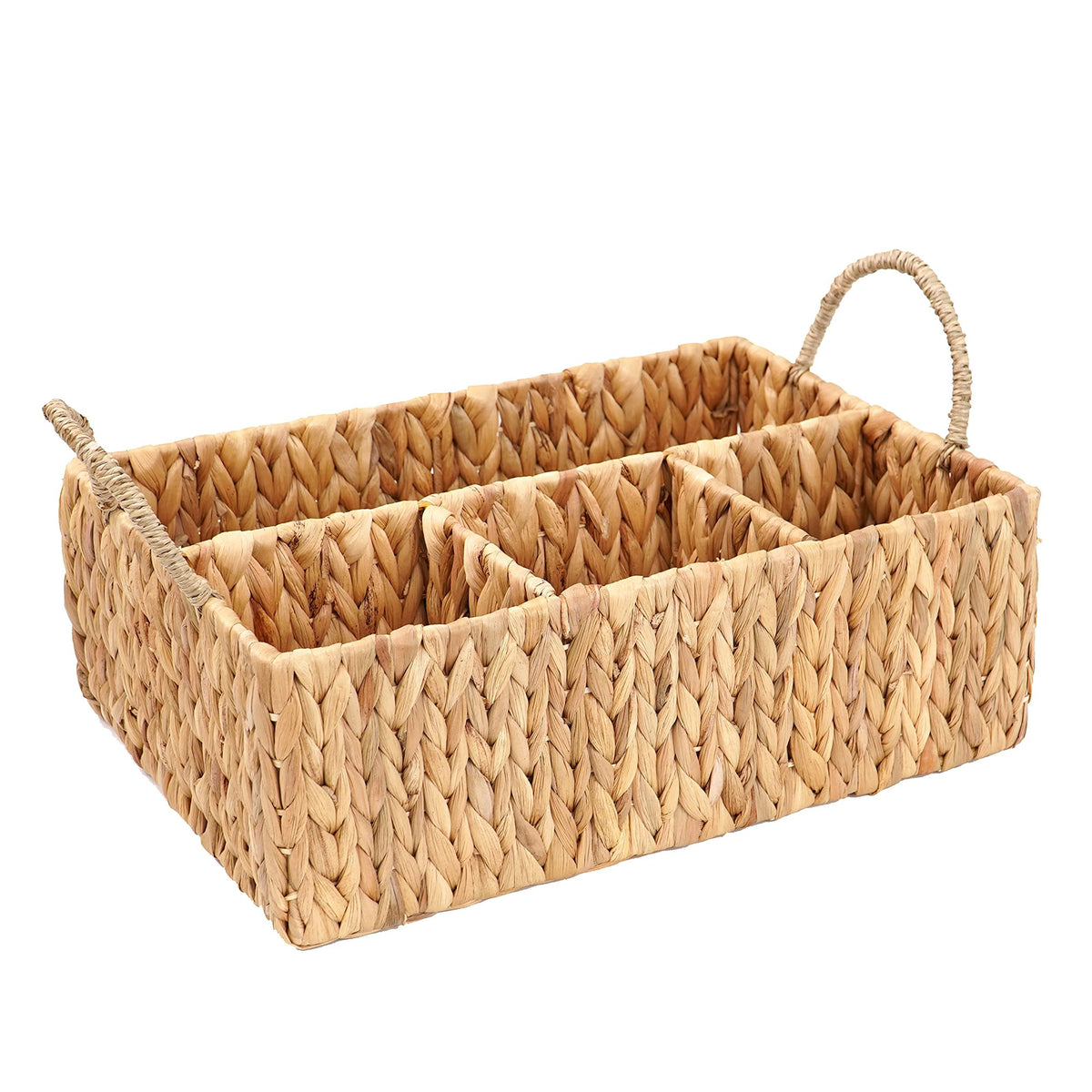 ABEL CRAFTS wicker divided basket on bathroom shelf for easy organization