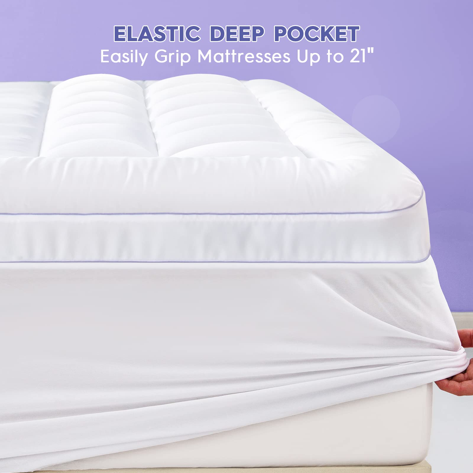 ABENE deep-pocket skirt fits mattresses up to 21 inches.