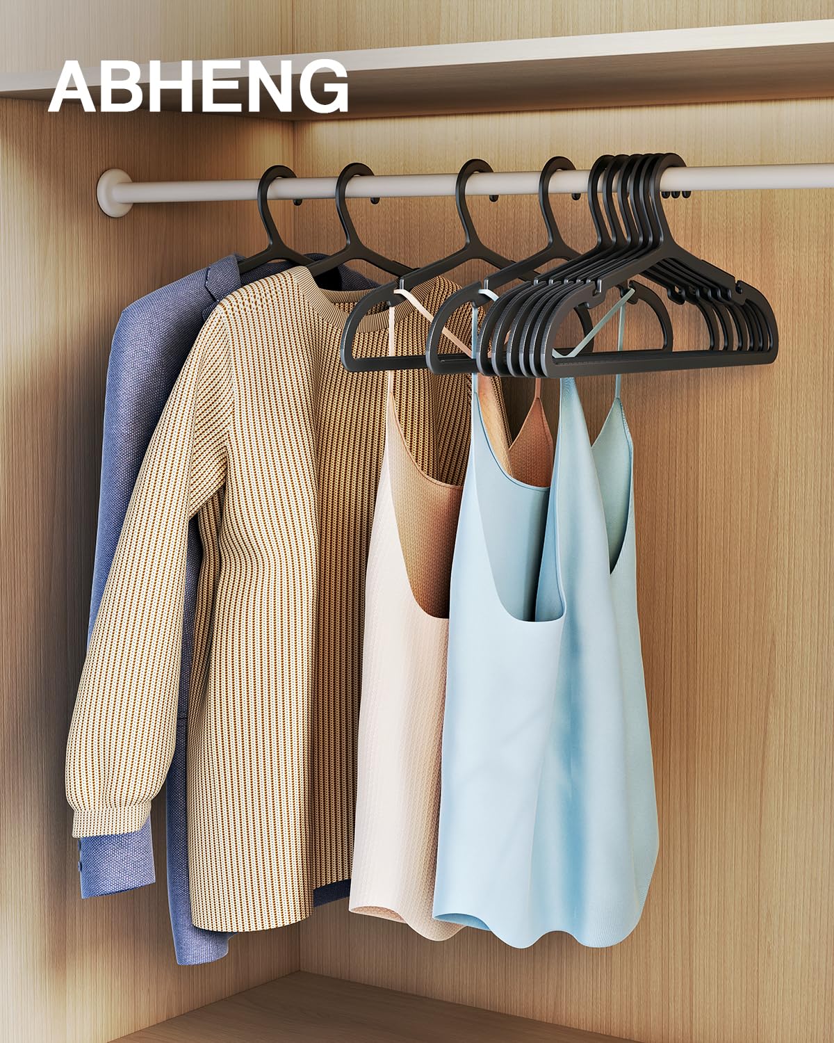 ABHENG ABS plastic hangers feature shoulder notches to cradle straps.