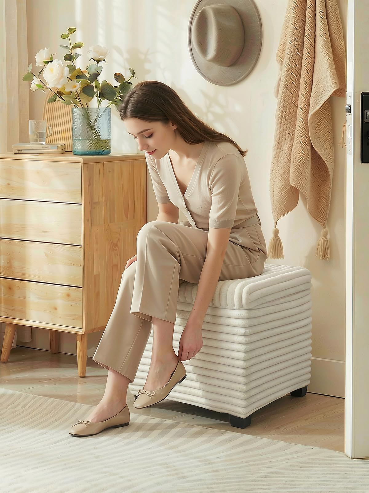 Hidden storage beneath lid helps declutter sofas and rooms.