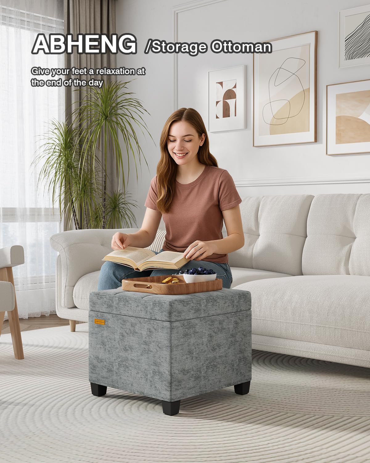 ABHENG Chenille ottoman includes easy-to-follow assembly steps for quick setup.