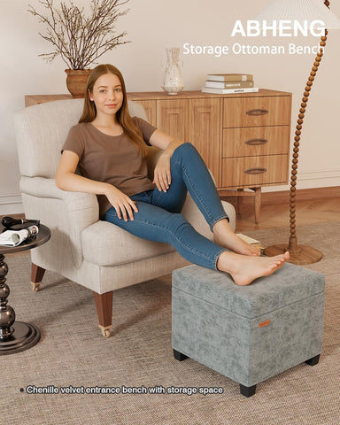 ABHENG Chenille steel-frame ottoman with open lid reveals 48L internal storage capacity.