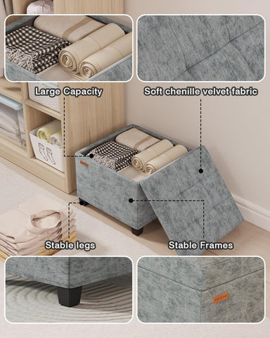 ABHENG Chenille storage ottoman in a dorm room setup blends with gray decor and declutters space.