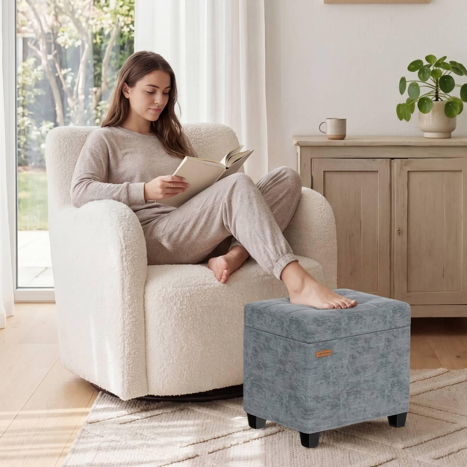 ABHENG Chenille ottoman shows a sturdy steel frame for strong support.