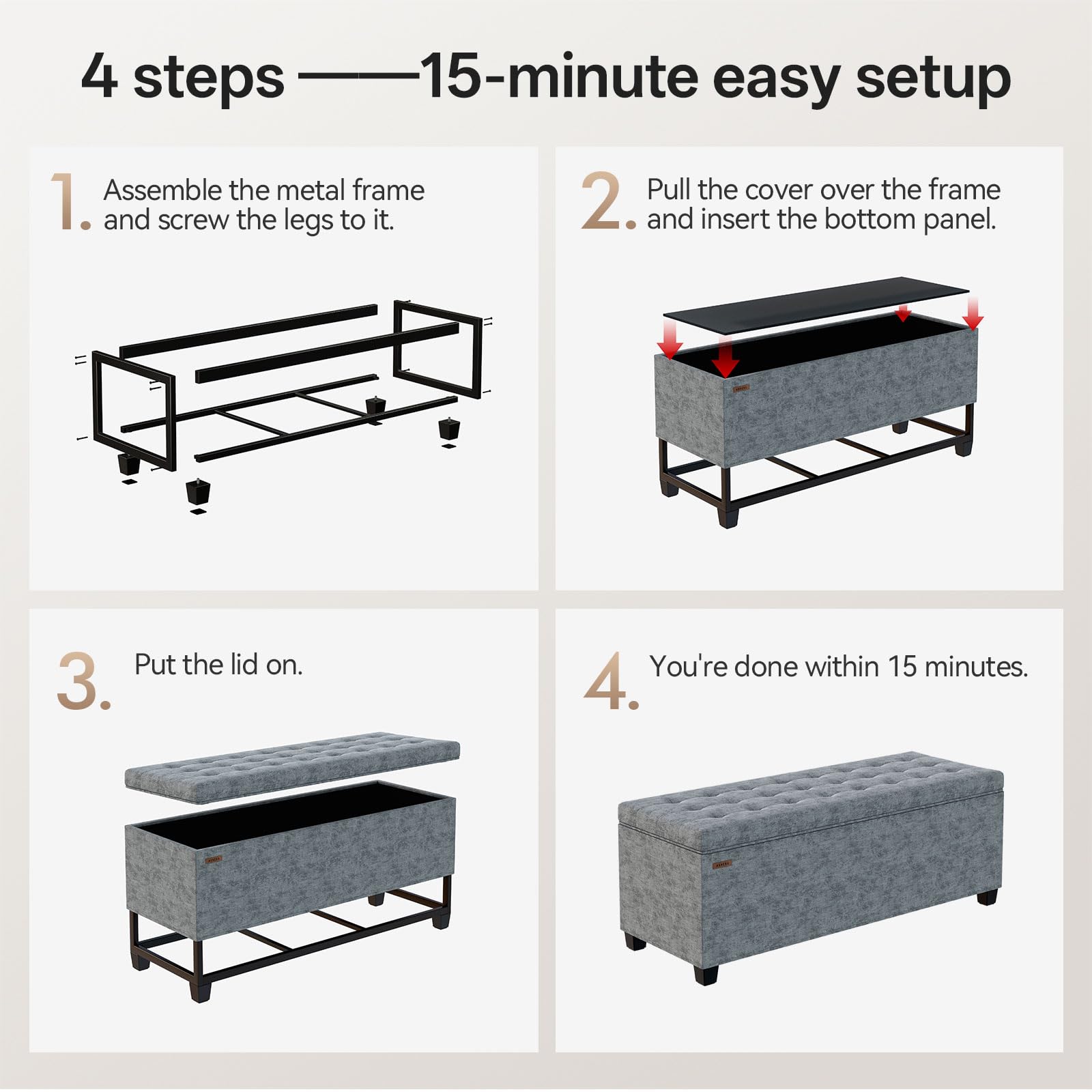 ABHENG Chenille storage ottoman easy-assembly process in minutes.