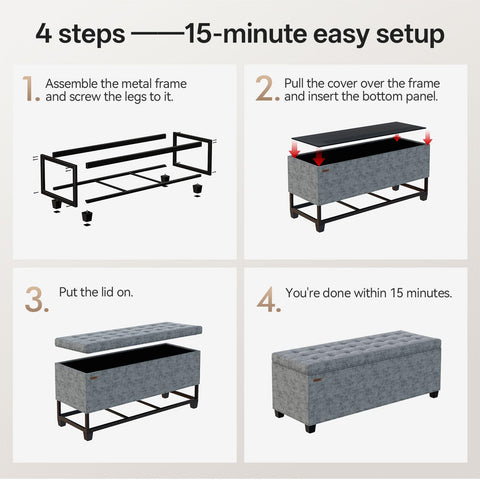 ABHENG Chenille storage ottoman easy-assembly process in minutes.