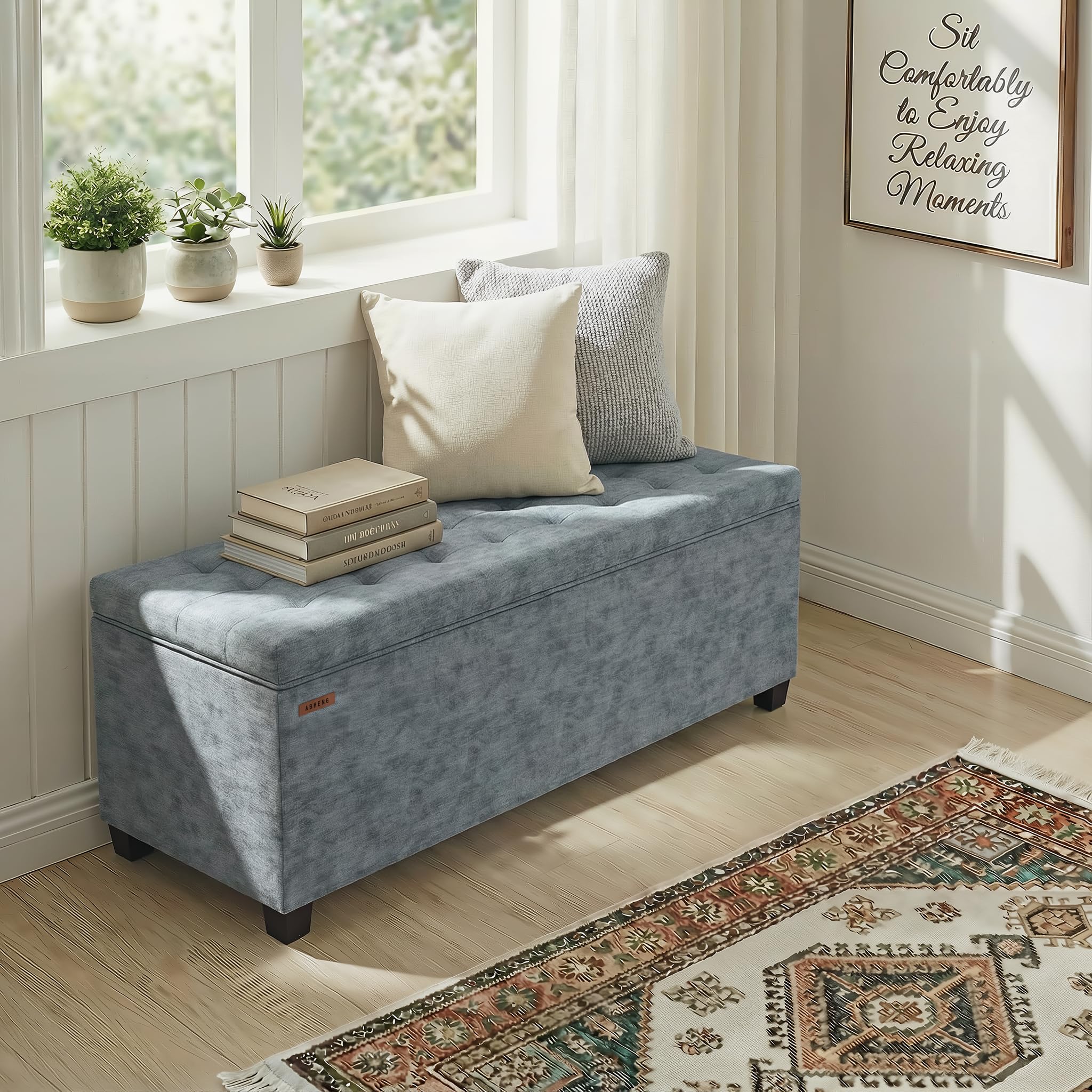 ABHENG Chenille storage ottoman lid clips prevent shifting during use.