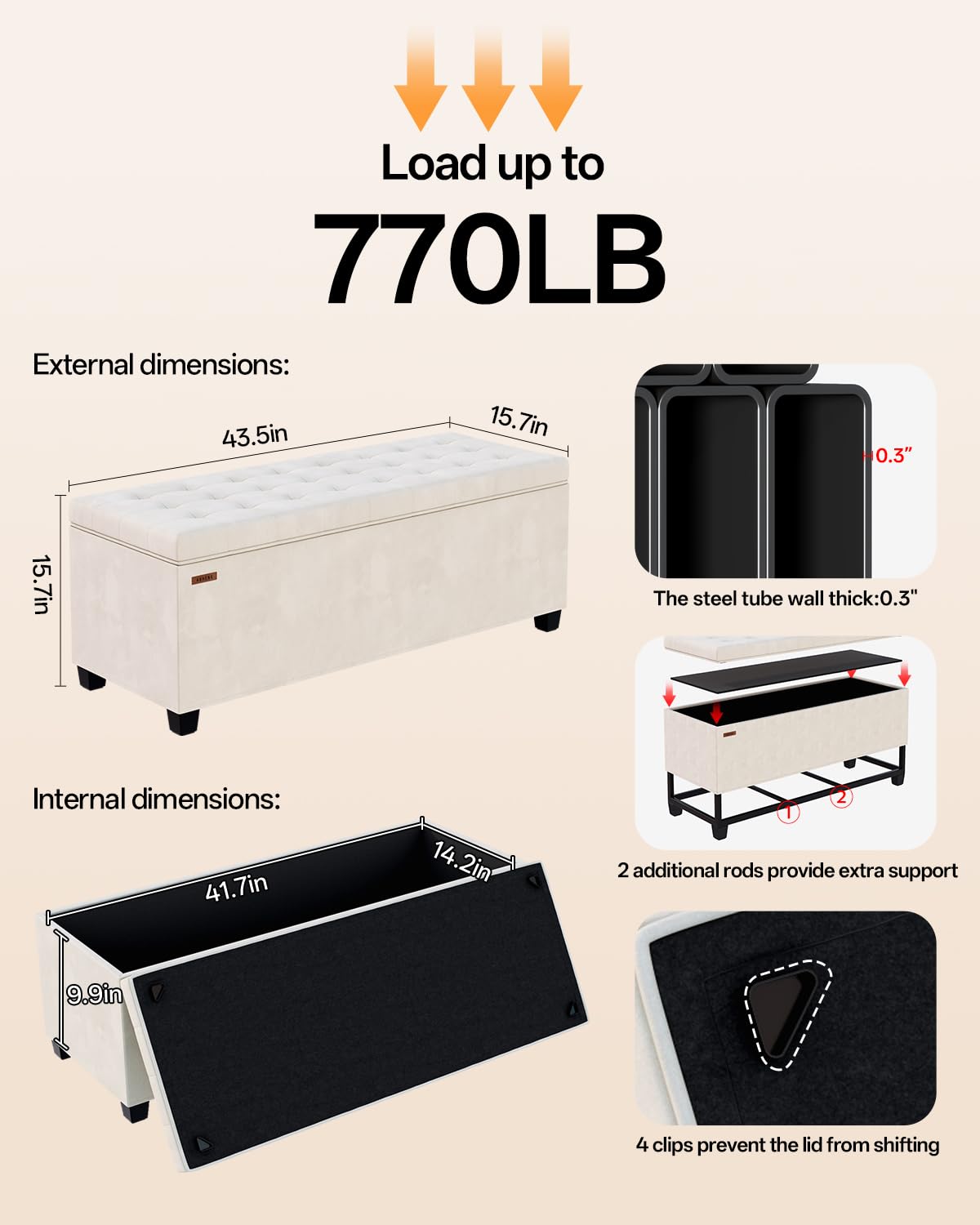 ABHENG velvet storage ottoman bench lid clip detail preventing lid shift