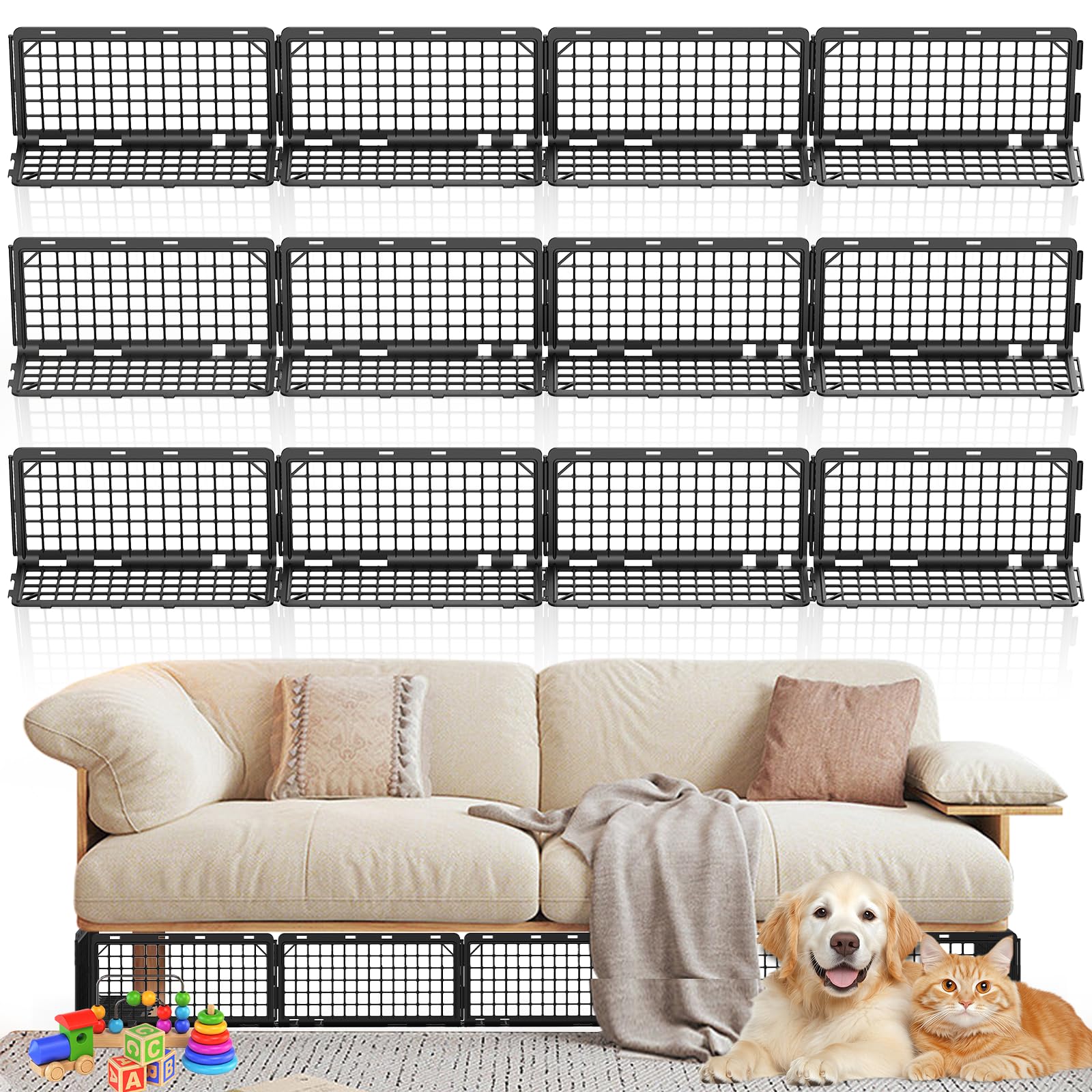 Abiglifty 12Pcs under-couch blocker panel assembly shows modular setup for tailored barriers.
