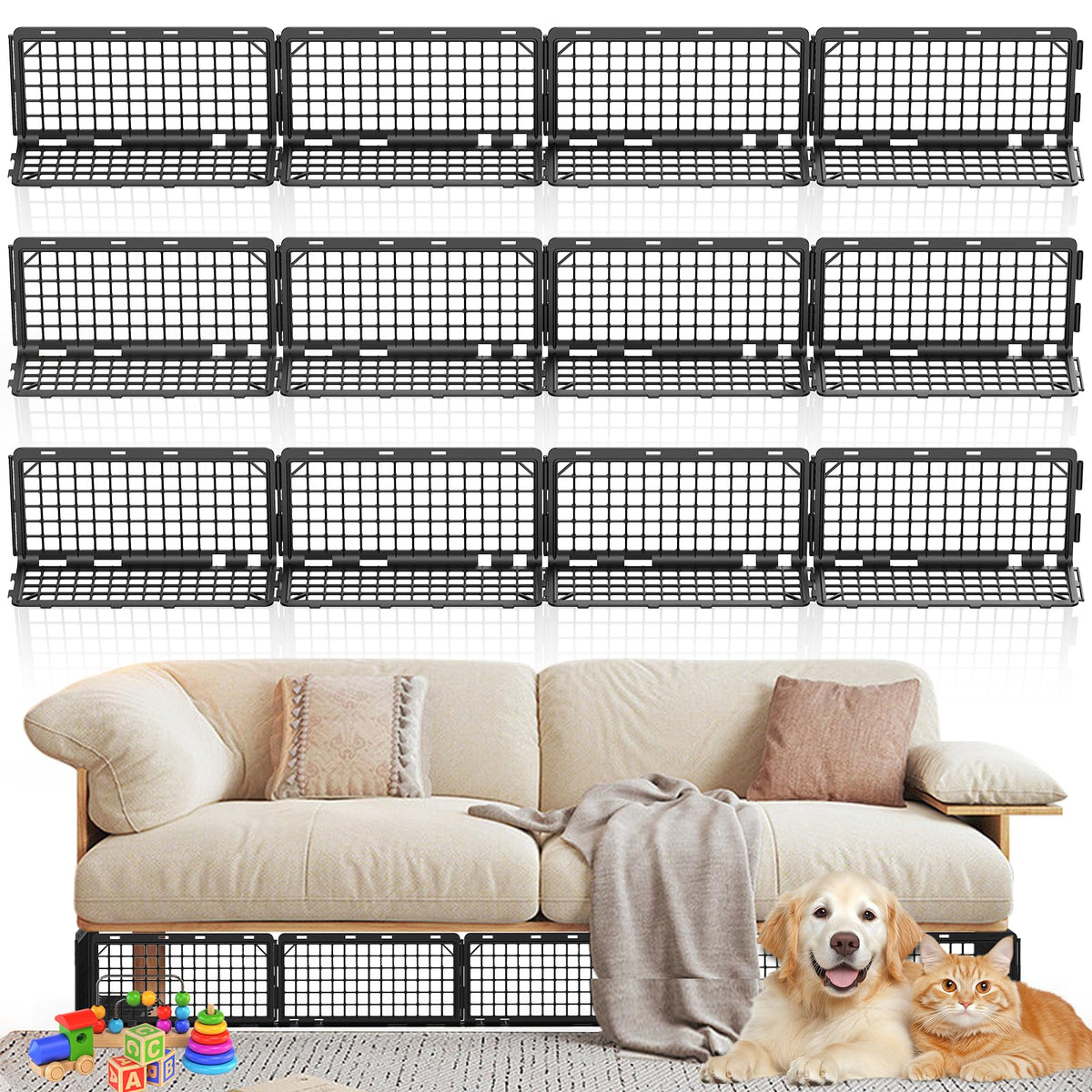 Abiglifty 12Pcs under-couch blocker panel assembly shows modular setup for tailored barriers.