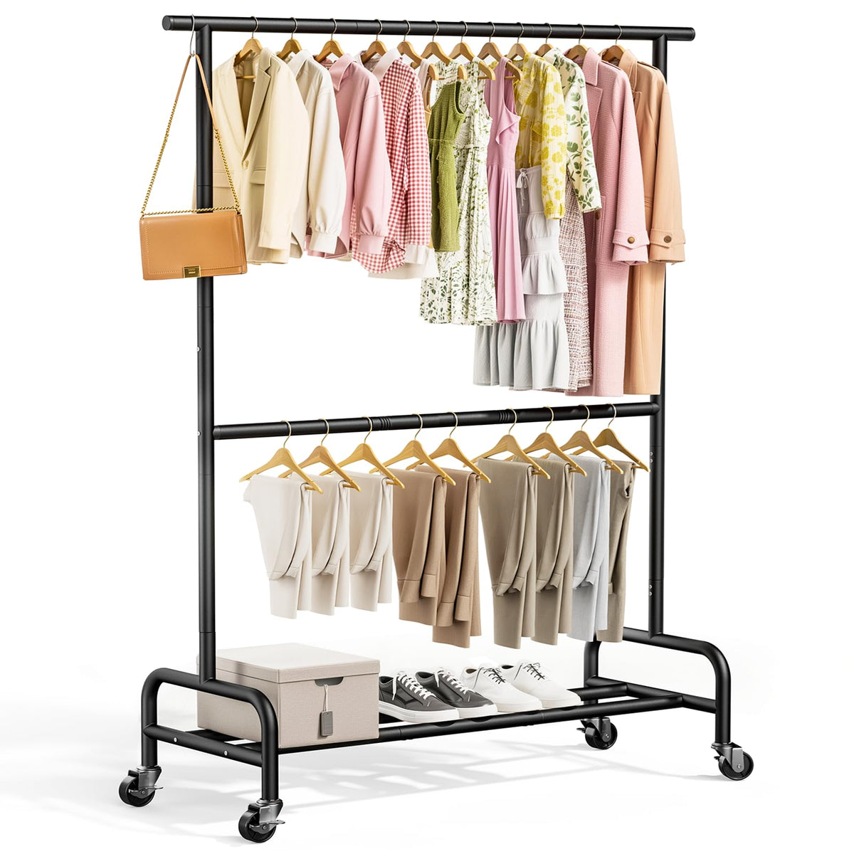 Abiglifty 2-Tier Rolling Clothes Rack assembled for easy closet organization.