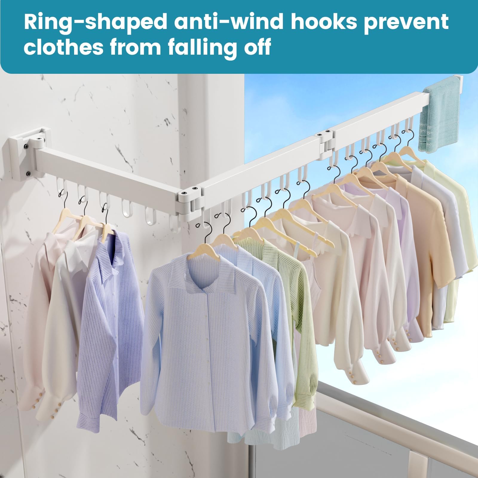Abiglifty 360-degree rotating hooks enhance airflow around garments for faster drying.