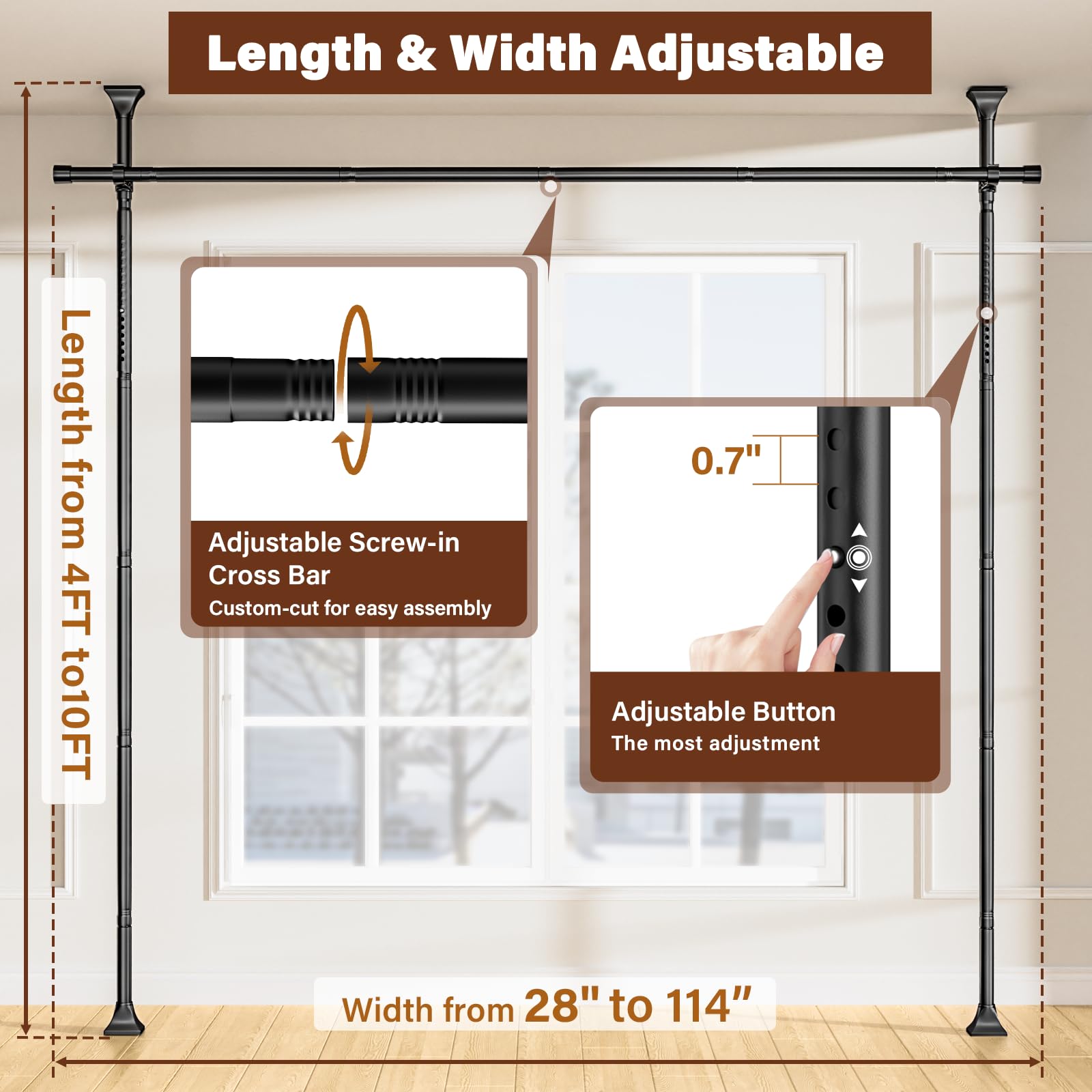 Abiglifty adjustable-height-width-rod adapts to any room layout for flexible privacy.