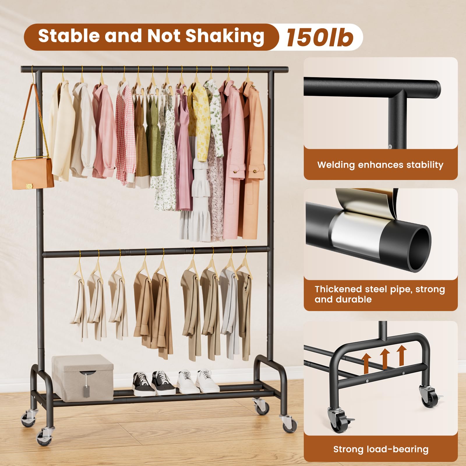 Abiglifty double-rod design maximizes hanging space for garments.
