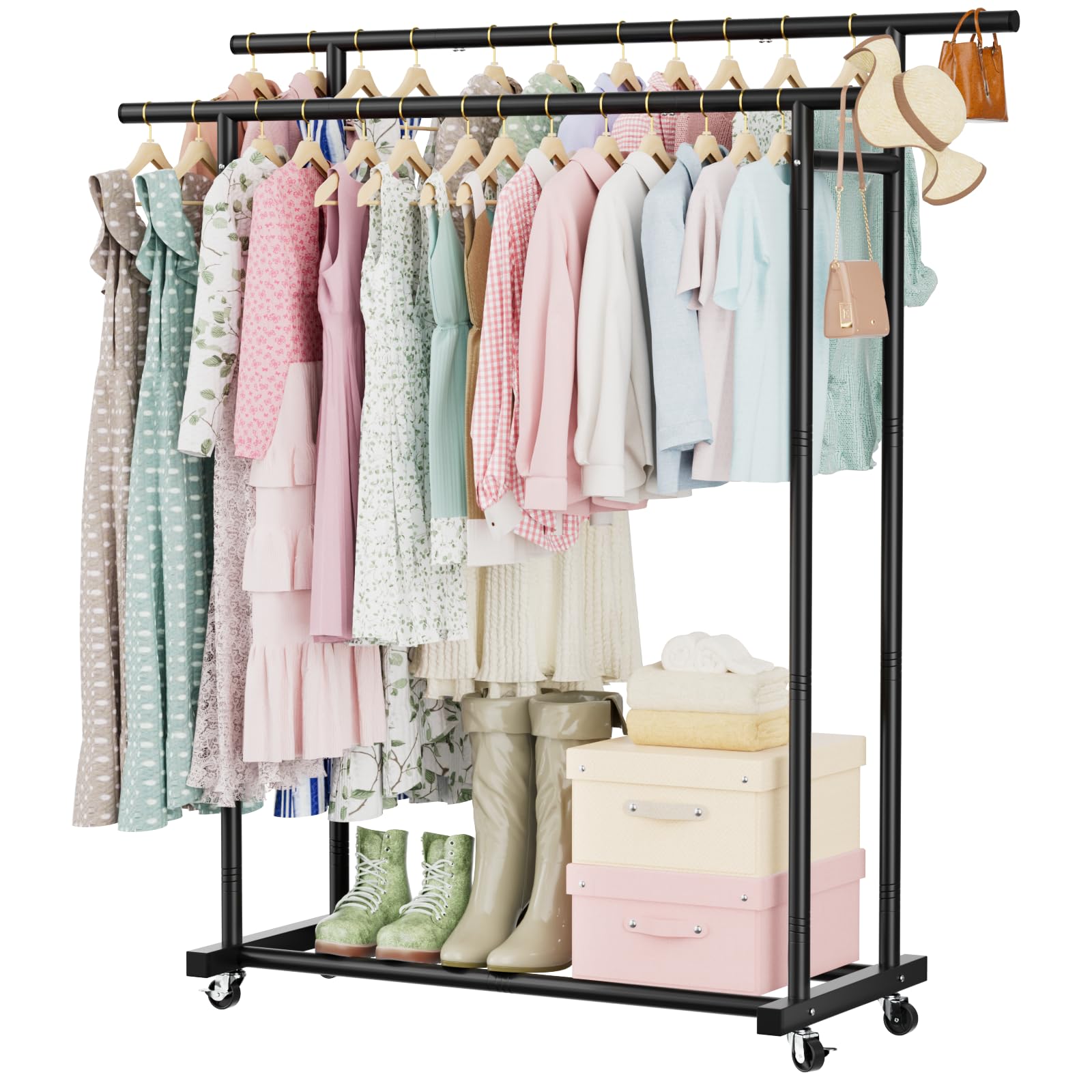 Abiglifty double rods rack with wheels for easy mobility and organized laundry room storage
