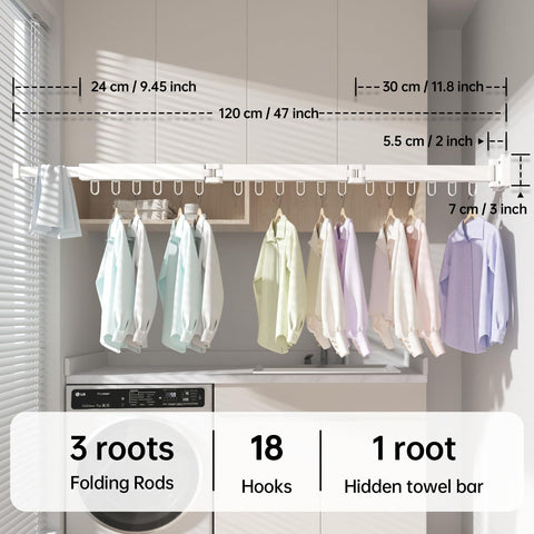 Abiglifty folding rack design showing compact storage in a small laundry.
