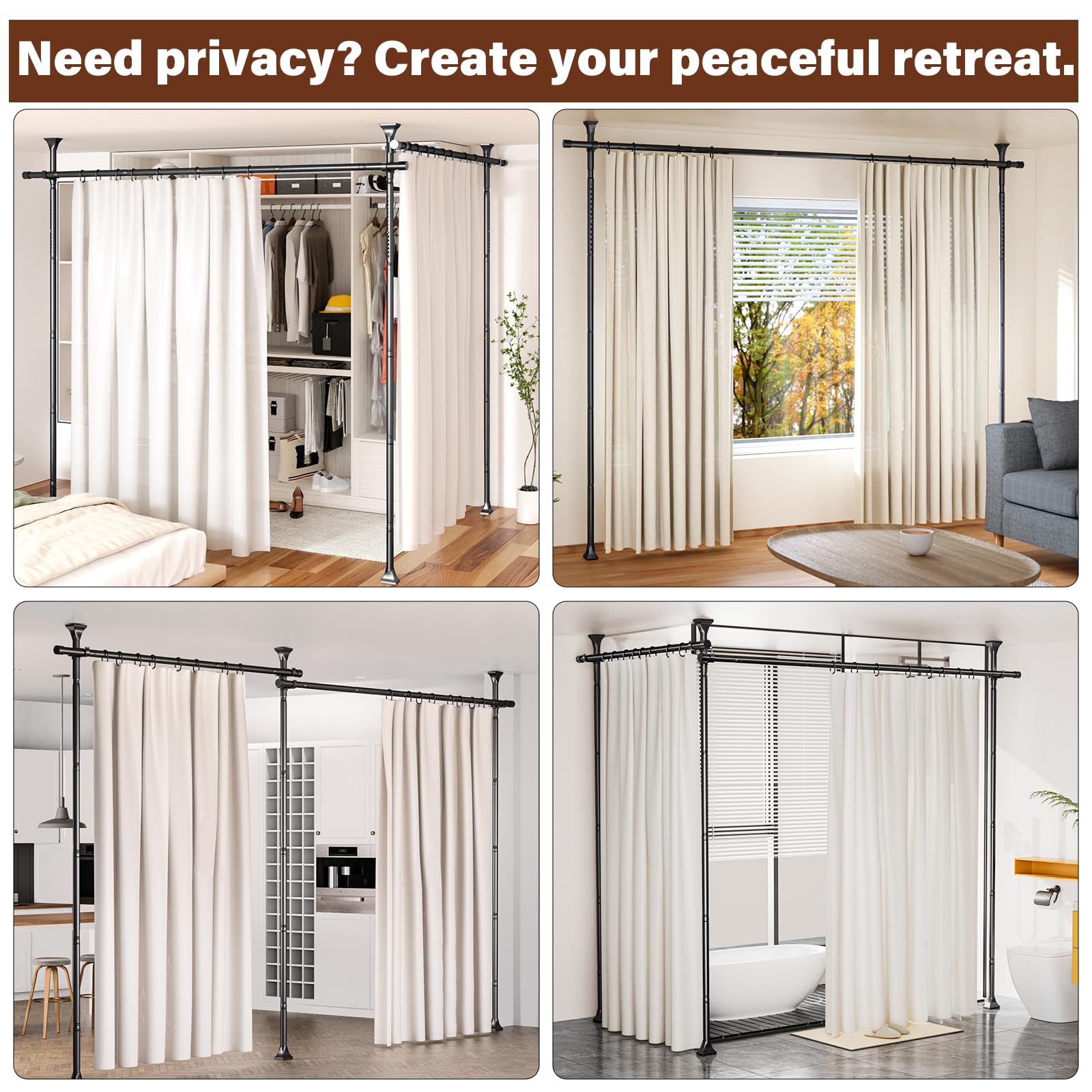 Abiglifty floor-to-ceiling tension rod fits various ceilings for simple setups.