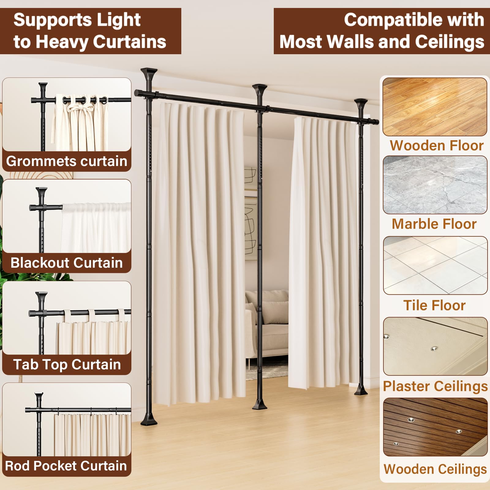Abiglifty heavy-duty stainless steel rod provides sturdy support for blackout curtains.
