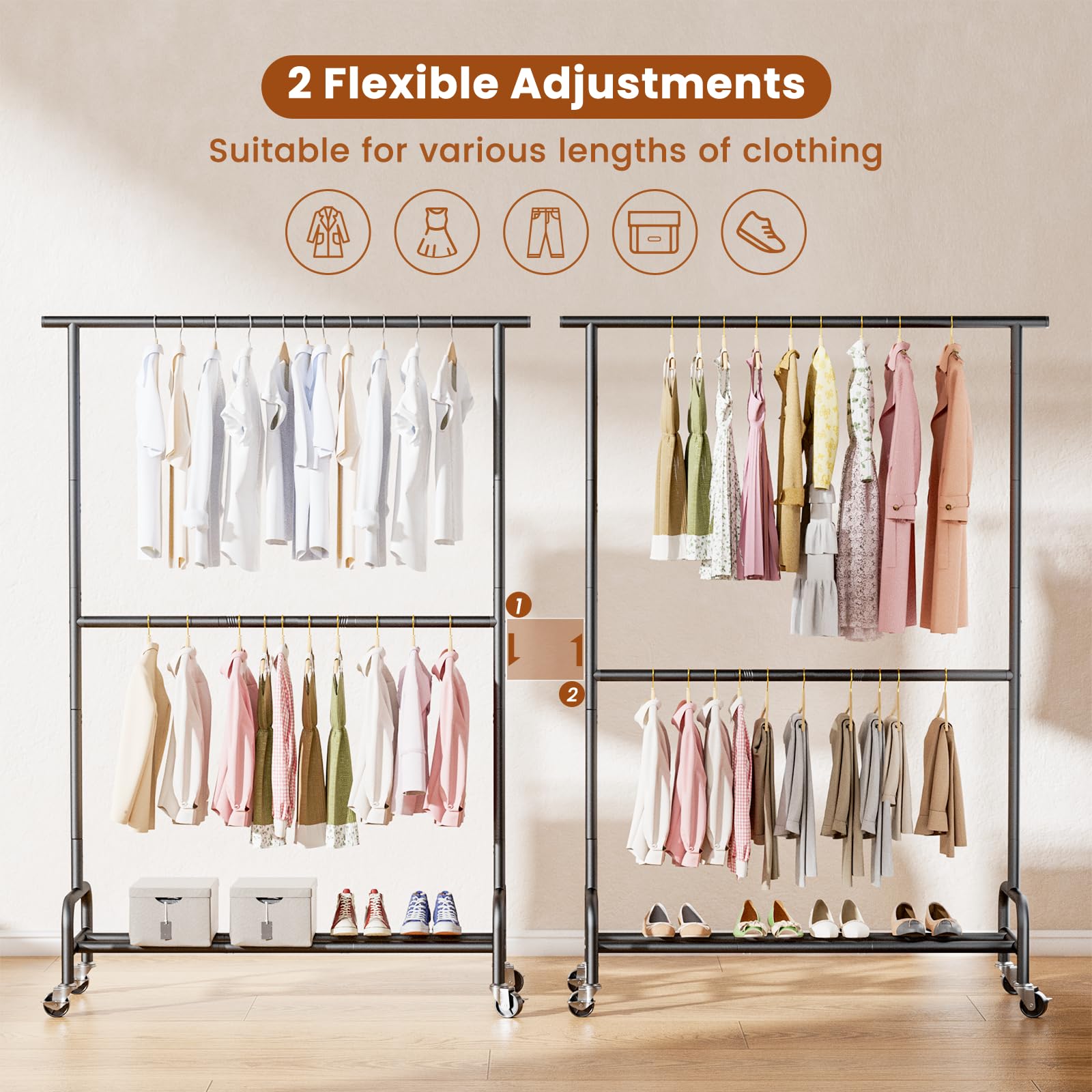 Abiglifty height-adjustable setting accommodates short and long garments.