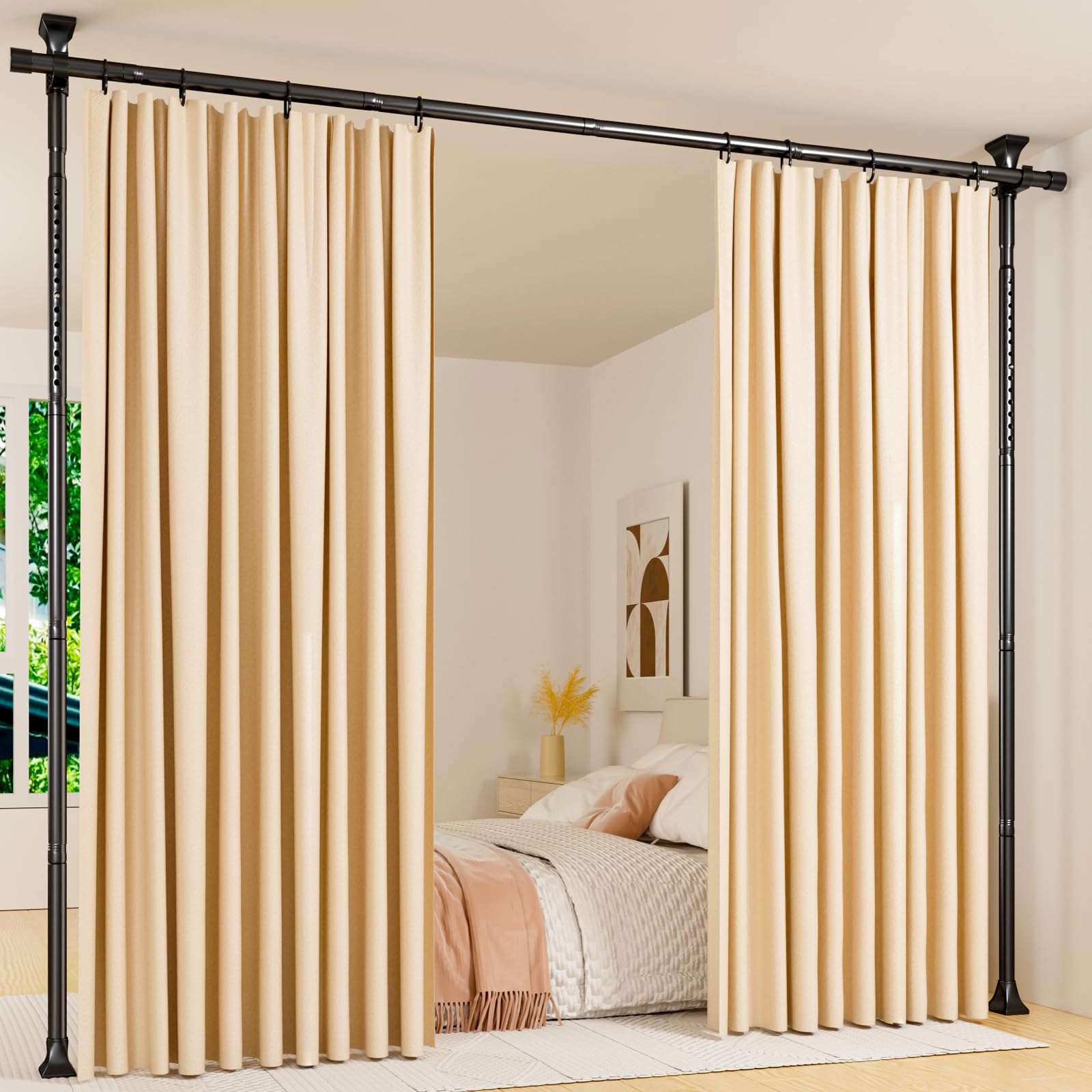 Abiglifty no-drill room divider rod demonstrating damage-free privacy for rentals